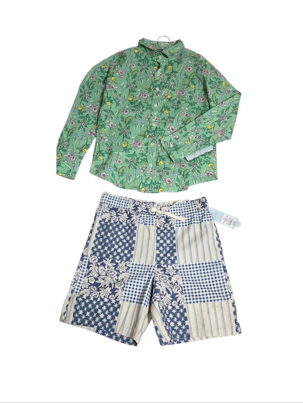 Kids Floral Green Blouse Top with Blue Patchwork Shorts